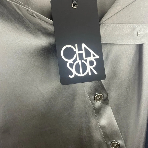 NWT Chaser Silky Shiny Gray Short Sleeve Beck Midi Shirt Dress Size Small - Picture 8 of 8